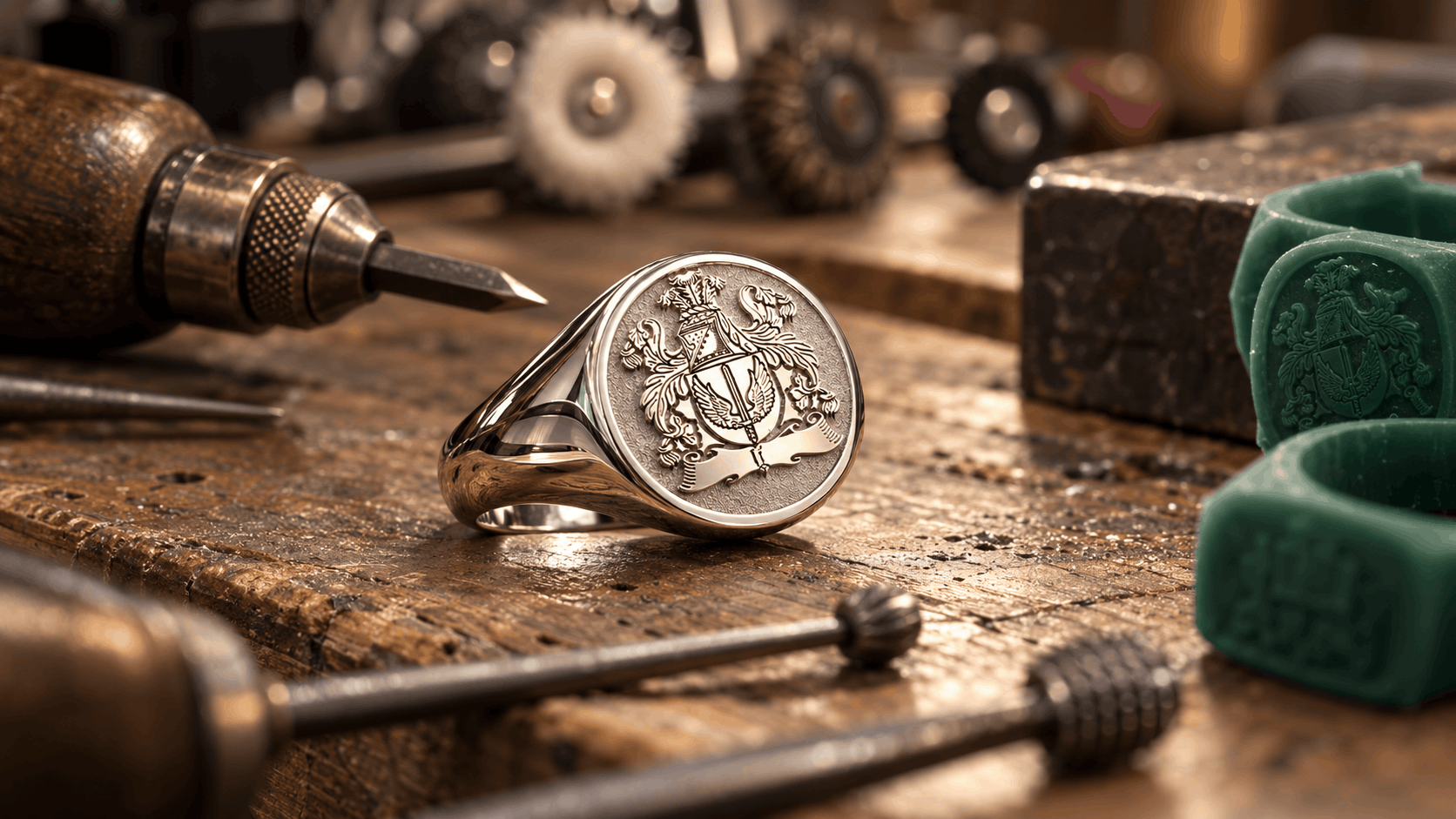 Detailed bespoke gold signet ring engraving